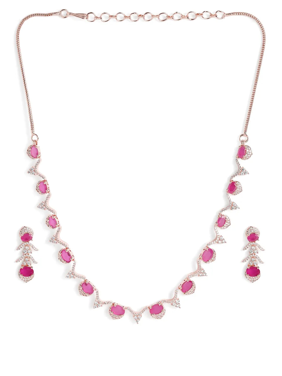 Elegant CZ Wave Necklace Earrings Set - Rani Pink