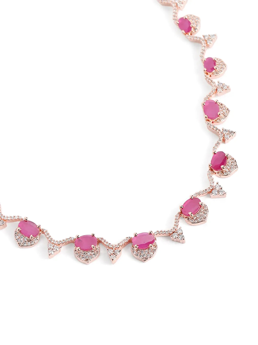Elegant CZ Wave Necklace Earrings Set - Rani Pink