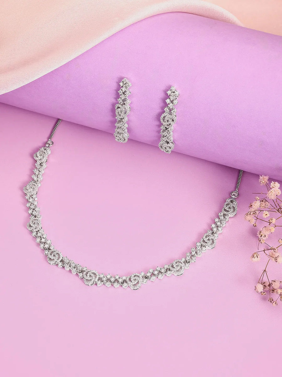 Blush Bloom Twirl CZ Necklace Set - Silver