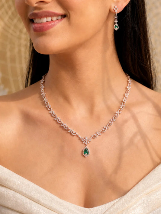 Peora Green Teardrop CZ Necklace Set - Rose Gold