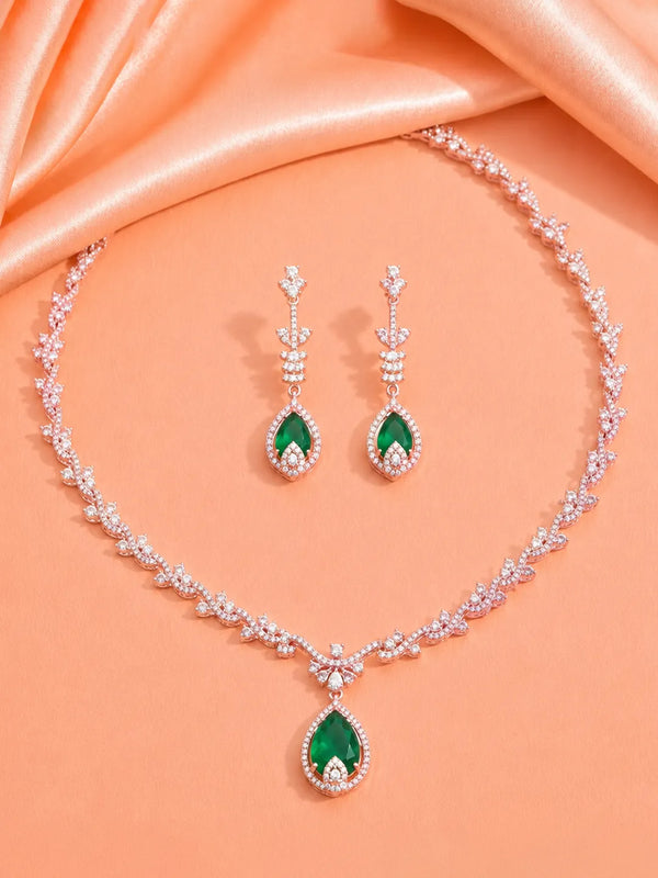 Green Teardrop CZ Necklace Set - Rose Gold