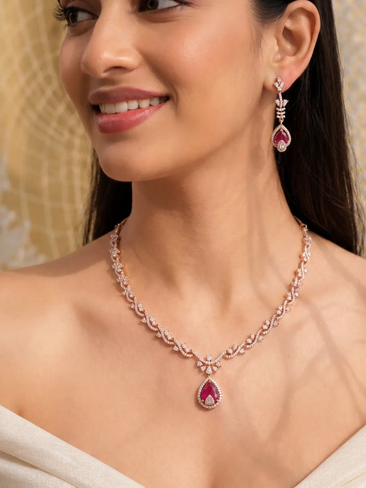 Peora Red Teardrop CZ Necklace Set - Rose Gold