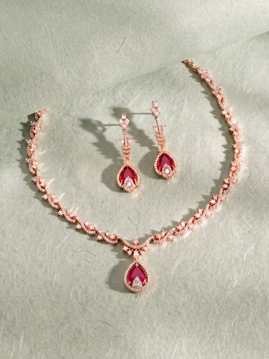 Rani Pink Teardrop CZ Necklace Set - Rose Gold