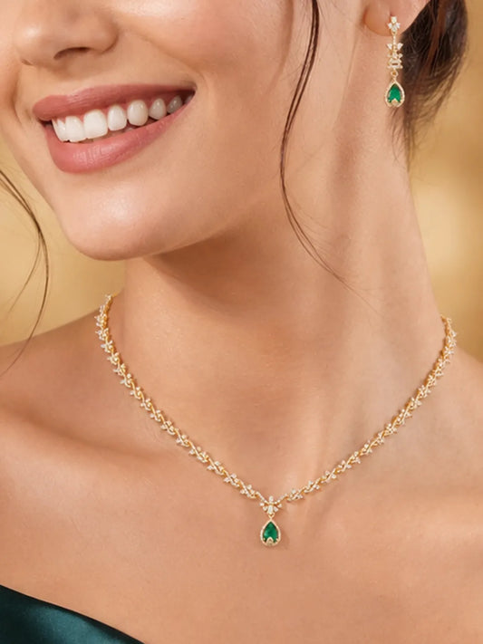Peora Green Teardrop CZ Necklace Set - Gold