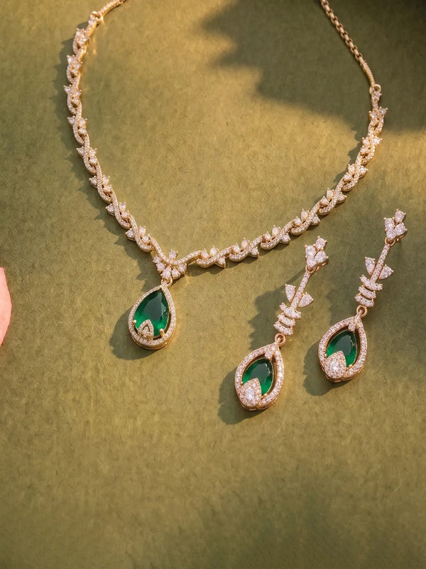 Green Teardrop CZ Necklace Set - Gold