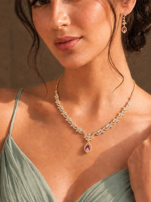 Peora Red Teardrop CZ Necklace Set - Gold