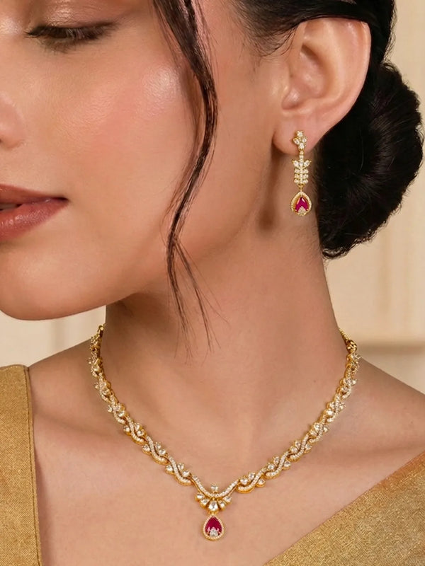 Rani Pink Teardrop CZ Necklace Set - Gold
