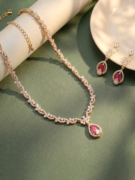 Peora Red Teardrop CZ Necklace Set - Gold