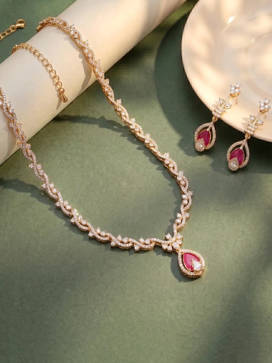 Rani Pink Teardrop CZ Necklace Set - Gold