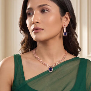 Peora Blue Halo Statement Rose Gold Necklace Set