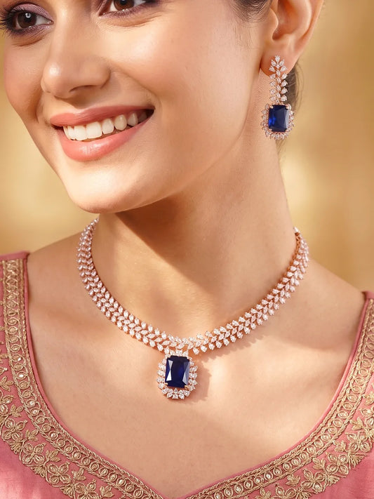Peora Blue Teardrop CZ Necklace Set - Rose Gold