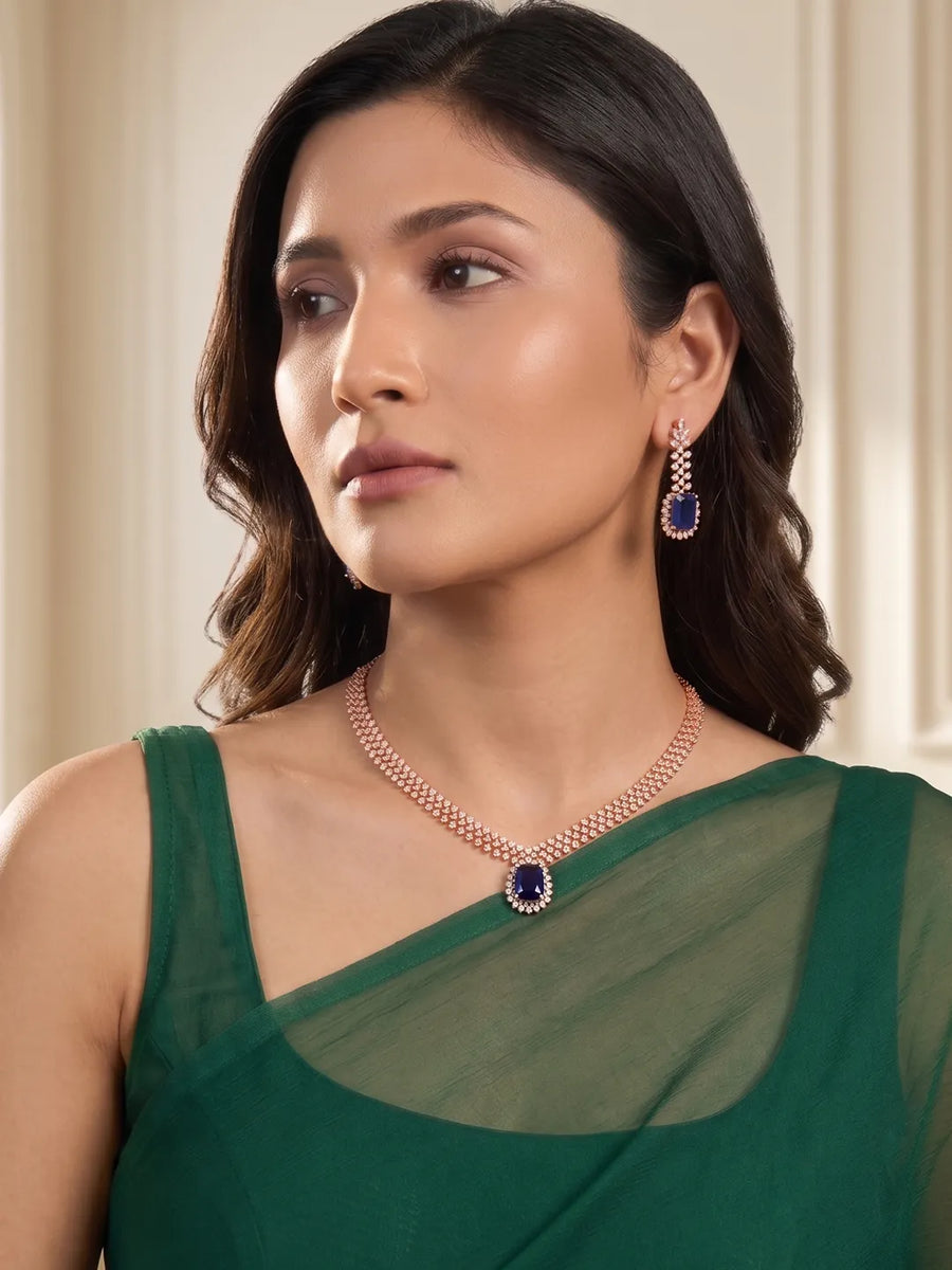 Peora Blue Halo Statement Rose Gold Necklace Set