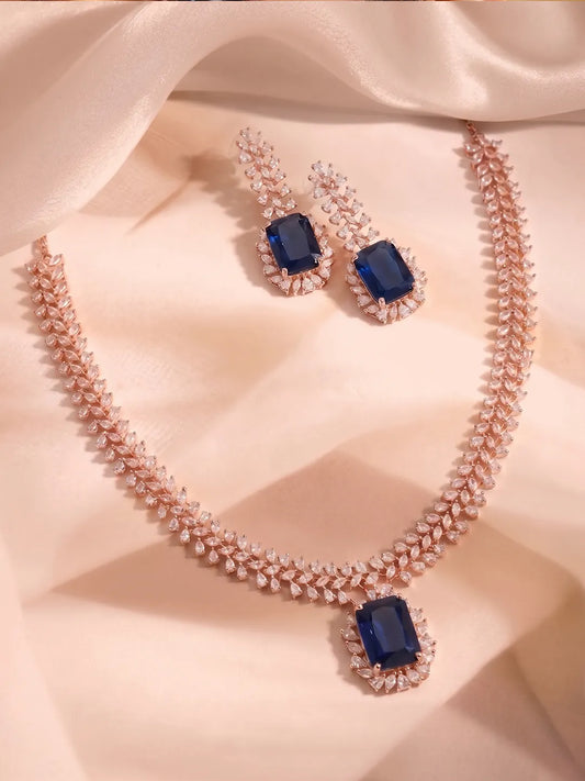 Peora Blue Teardrop CZ Necklace Set - Rose Gold