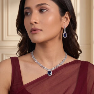 Peora Blue Halo Statement Silver Necklace Set