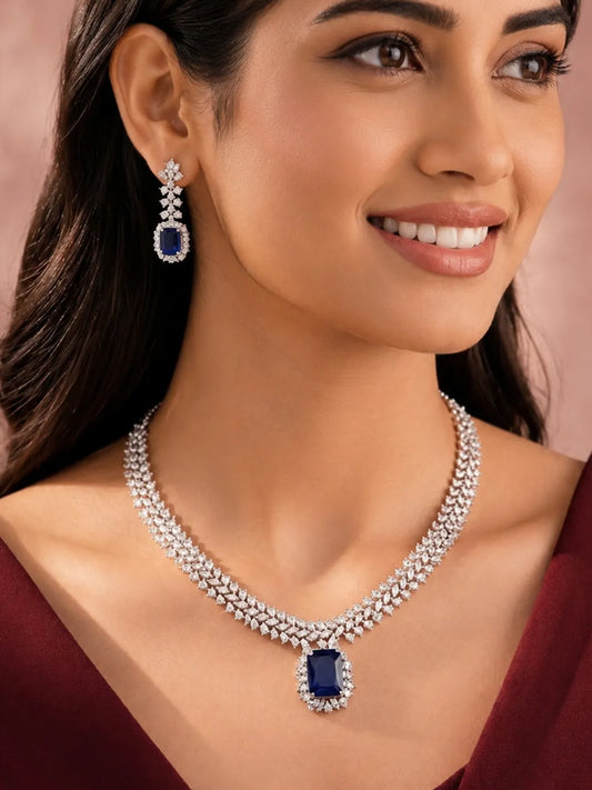 Peora Blue Teardrop CZ Necklace Set - Silver