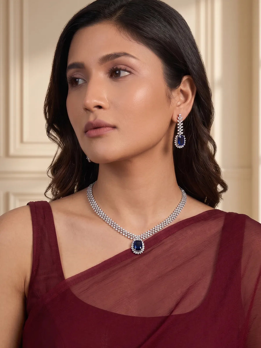 Peora Blue Halo Statement Silver Necklace Set