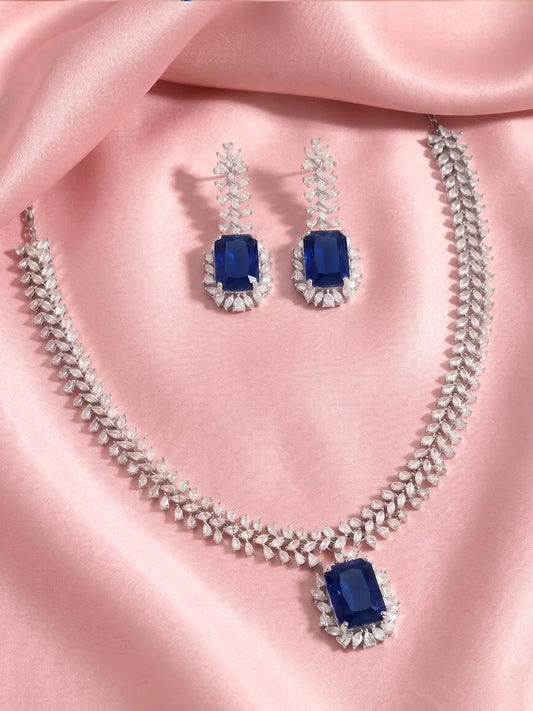 Peora Blue Teardrop CZ Necklace Set - Silver