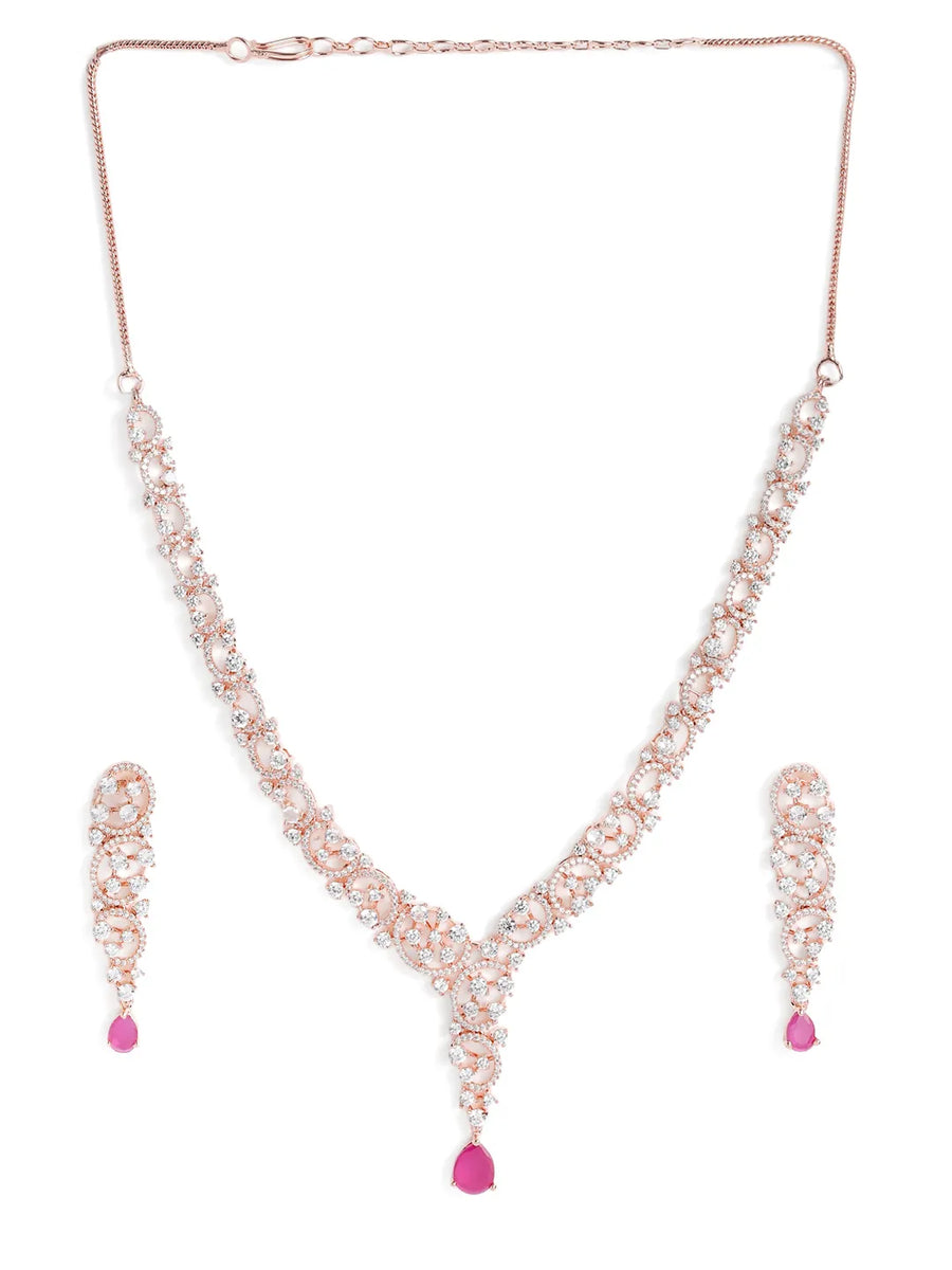 Radiant Crystal Sparkling Necklace Set - Rani Pink