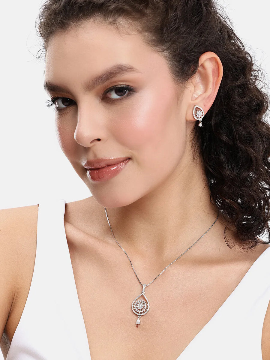 Tear of Grace CZ Pendant & Stud Set - Silver
