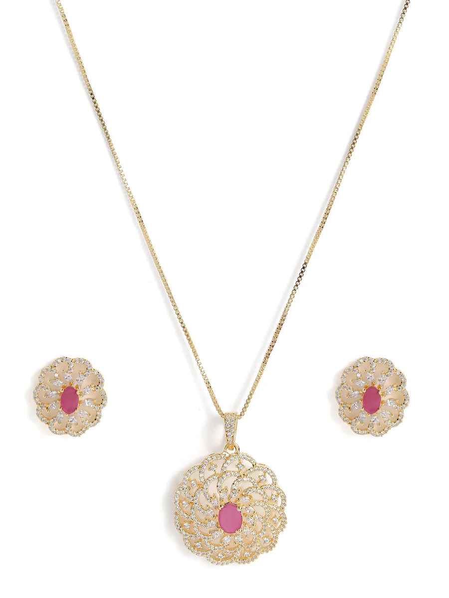Petal Crystal Pendant & Stud Set - Rani Pink
