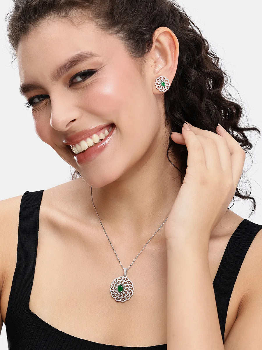 Petal Crystal Pendant & Stud Set - Silver Green