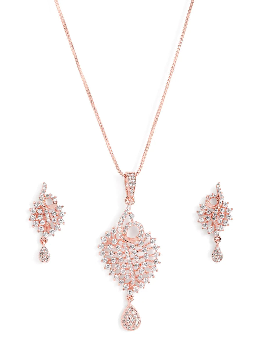 Sparkling Leaf CZ Pendant Set - Rose Gold