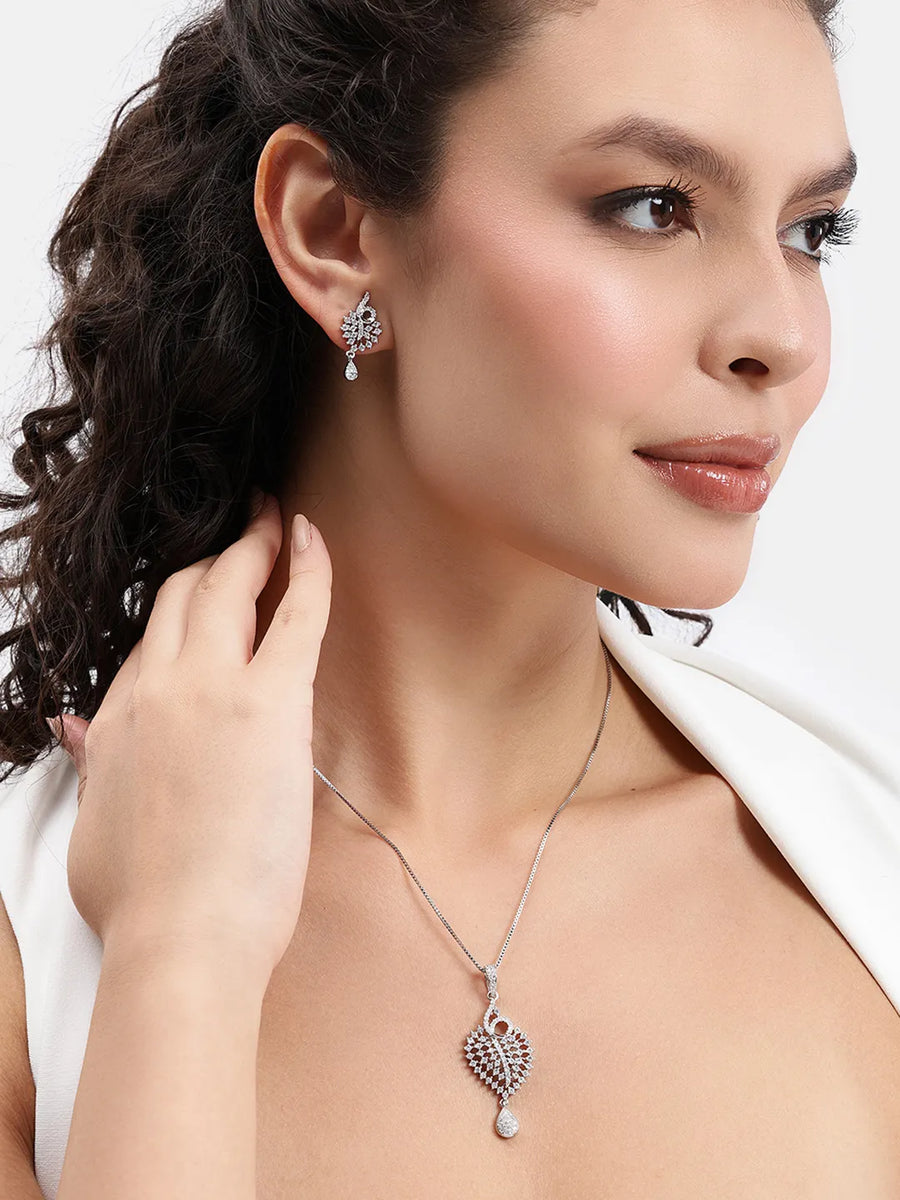 Sparkling Leaf CZ Pendant Set - Silver
