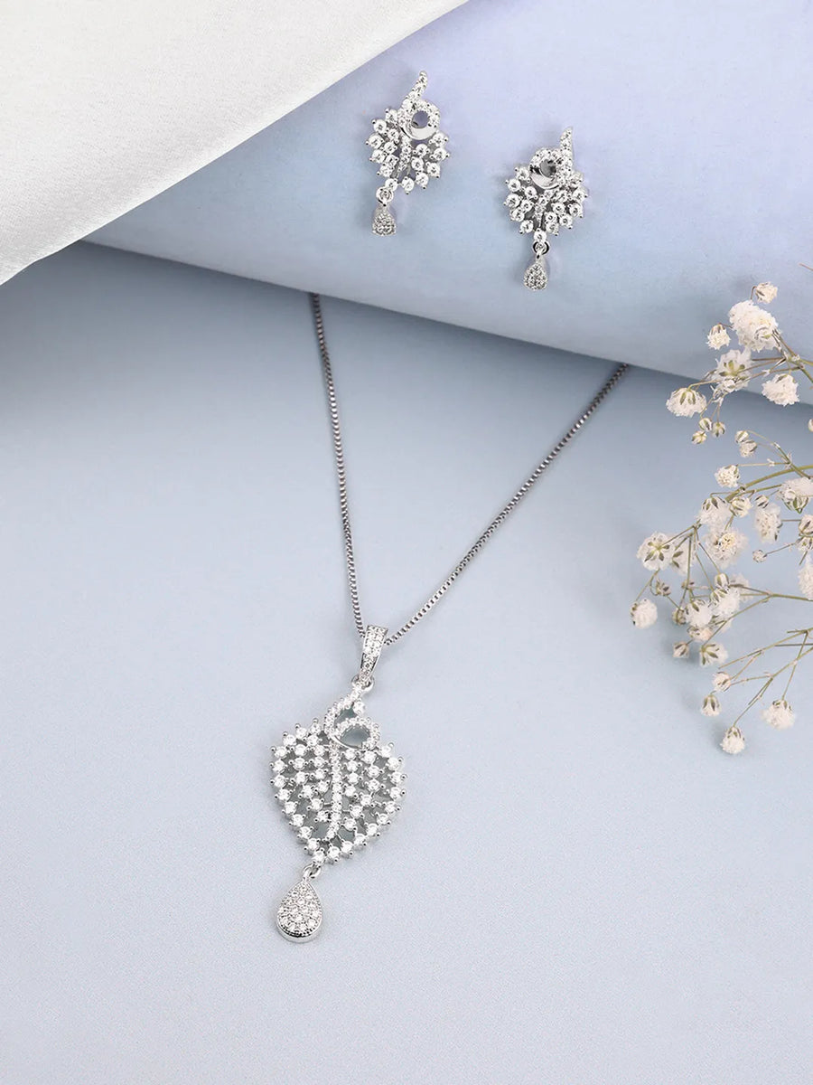 Sparkling Leaf CZ Pendant Set