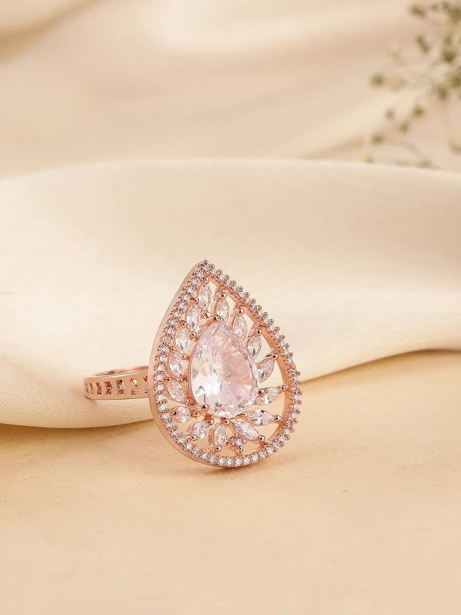Teardrop CZ Solitaire Statement Ring - Rose Gold - White