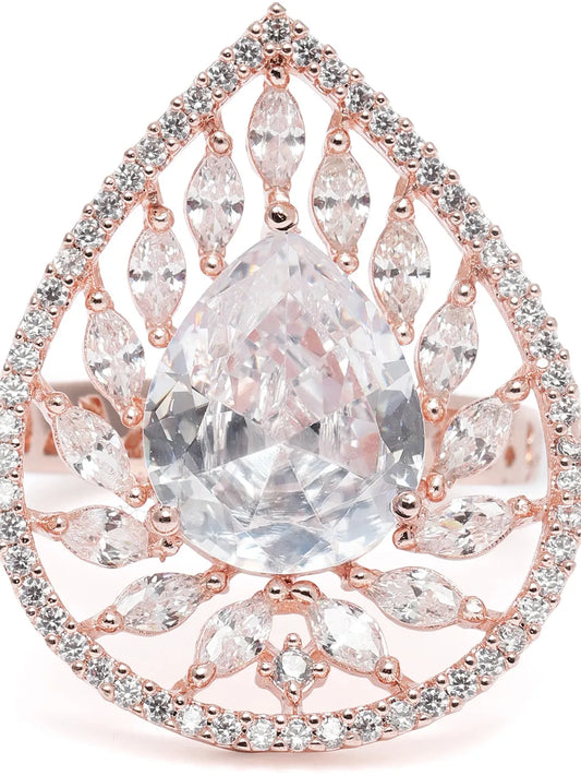 Teardrop CZ Solitaire Statement Ring - Rose Gold - White