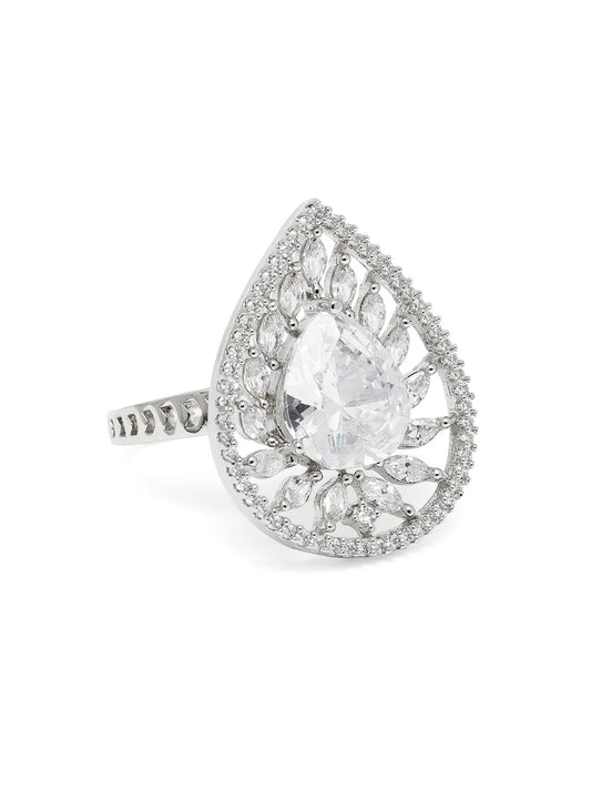 Teardrop CZ Solitaire Statement Ring - Silver - White