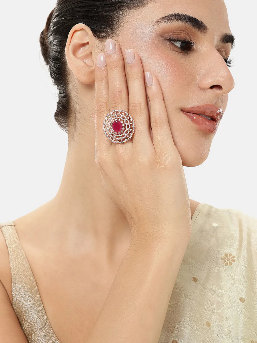Signature Halo Accent Adjustable Ring - Rose Gold - Red
