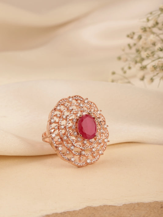 Signature Halo Accent Adjustable Ring - Rose Gold - Red