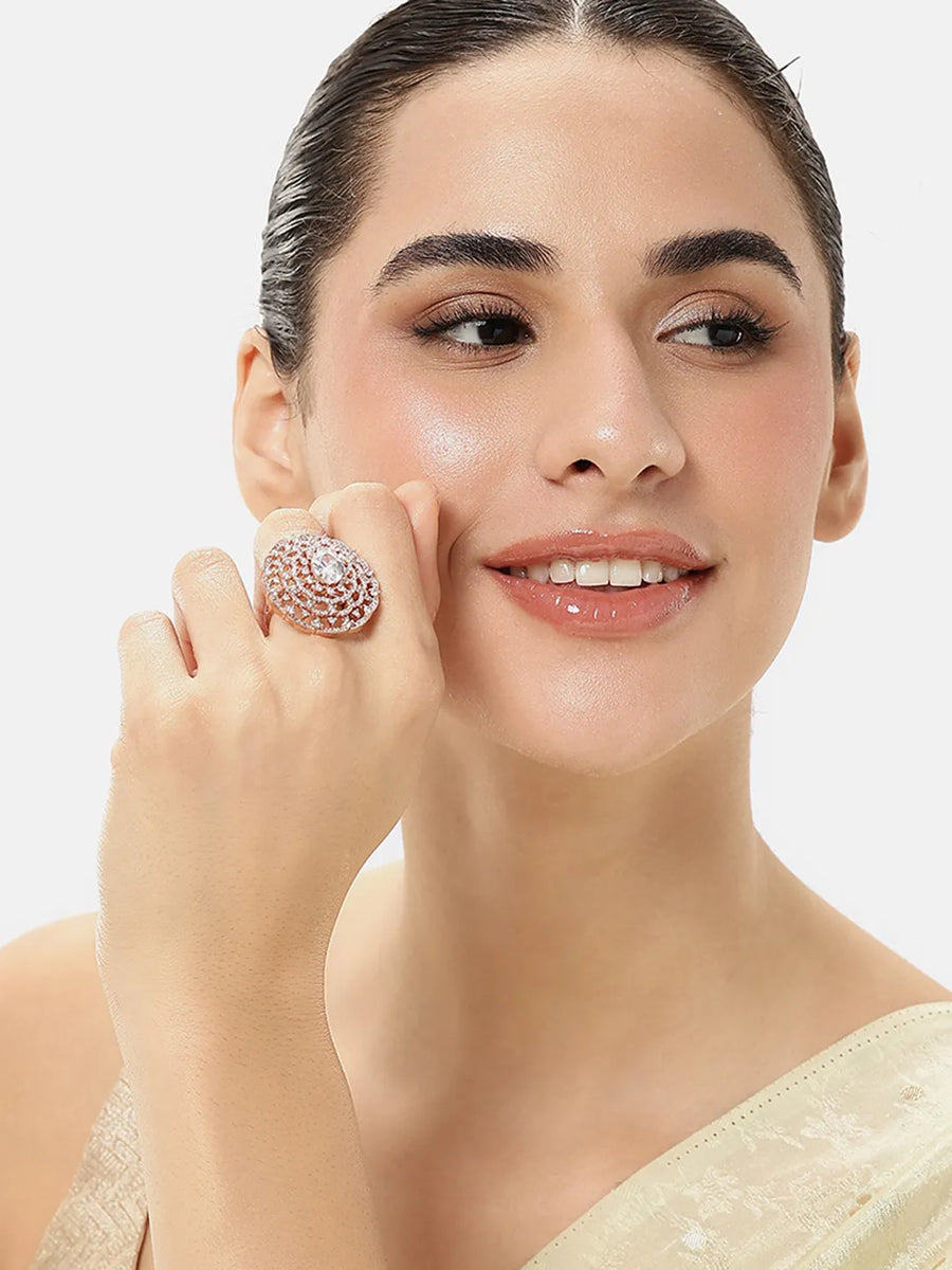Signature Halo Accent Adjustable Ring - Rose Gold - White