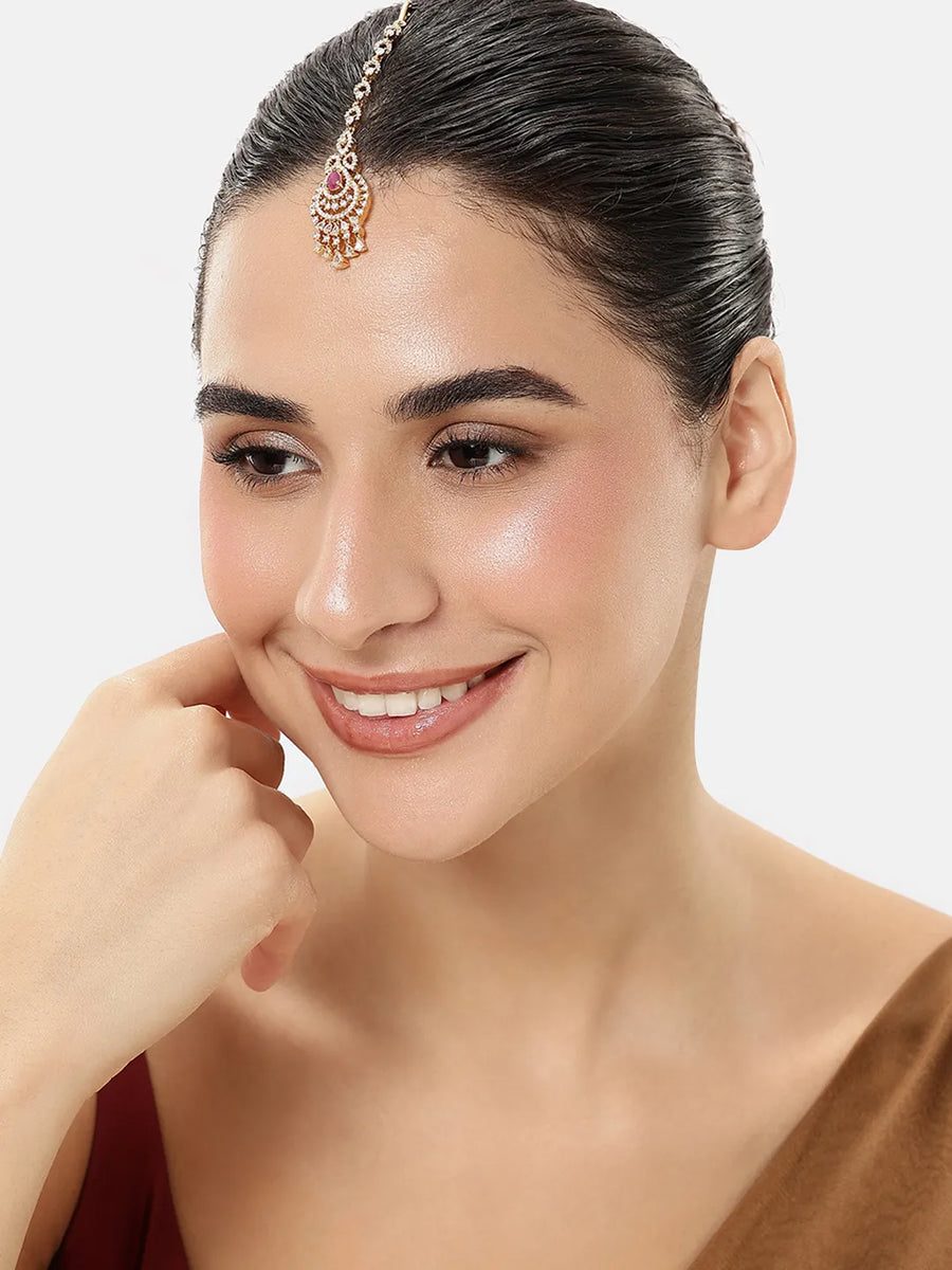 Traditional Crystal Drop Maangtikka - Gold - Red