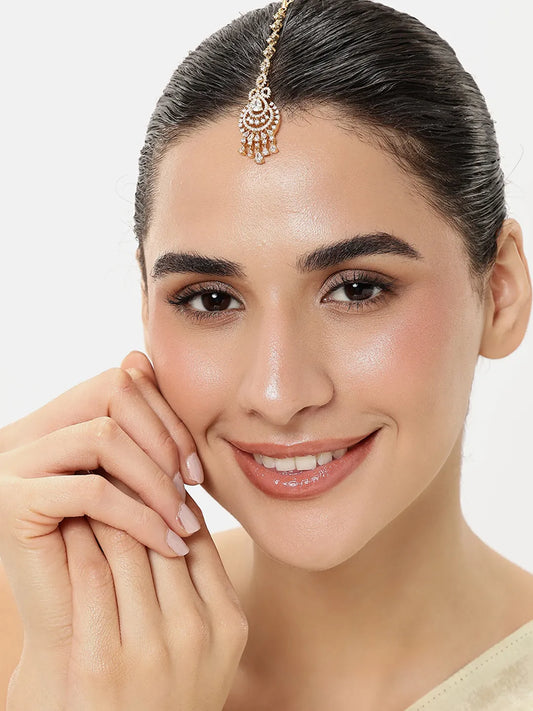Traditional Crystal Drop Maangtikka - Gold - White