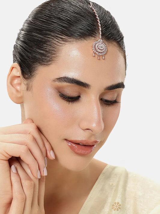 Classic Round CZ Maangtikka Design - Rose Gold