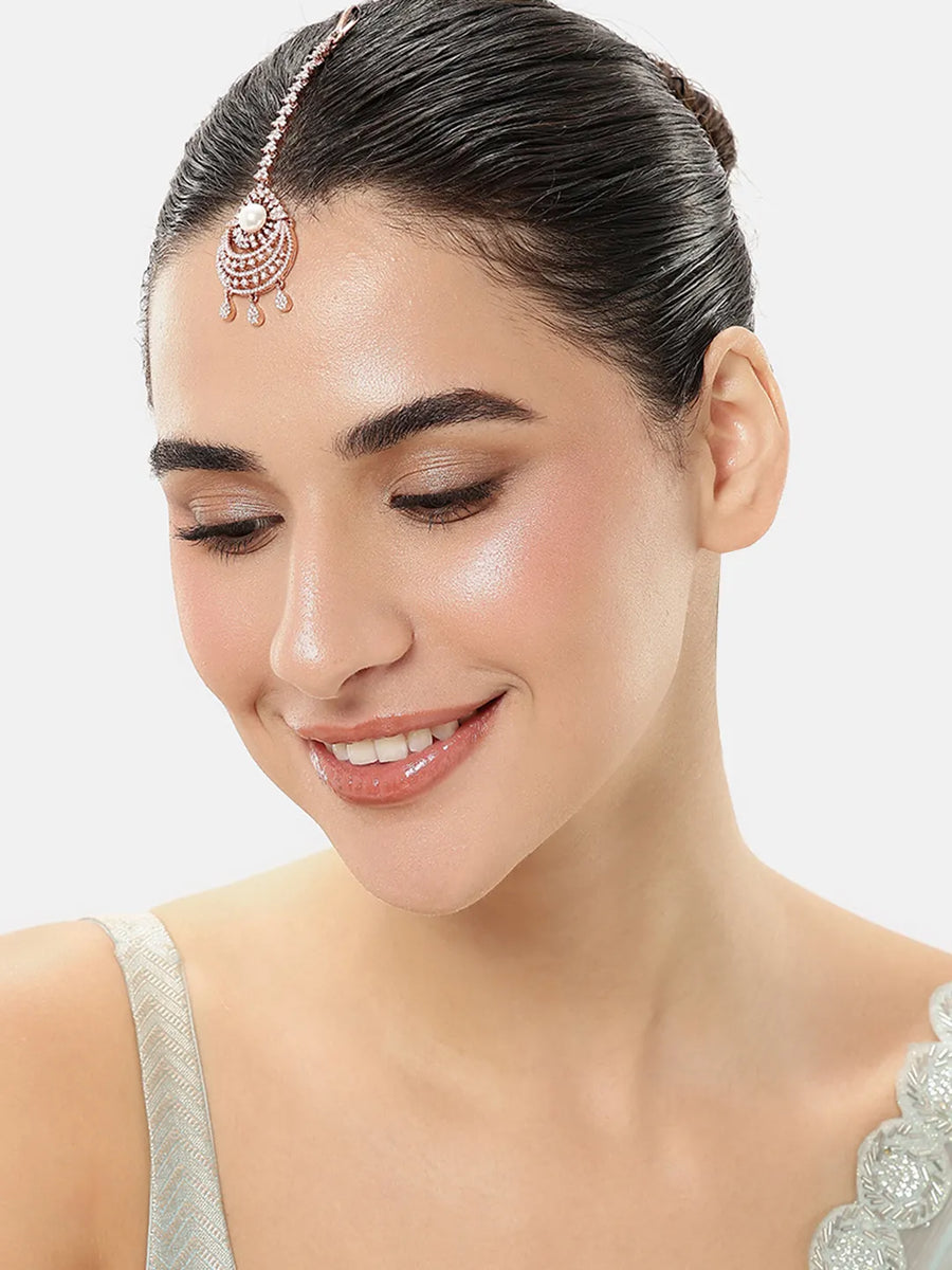 Vintage CZ Pearl Accent Maangtikka - Rose Gold