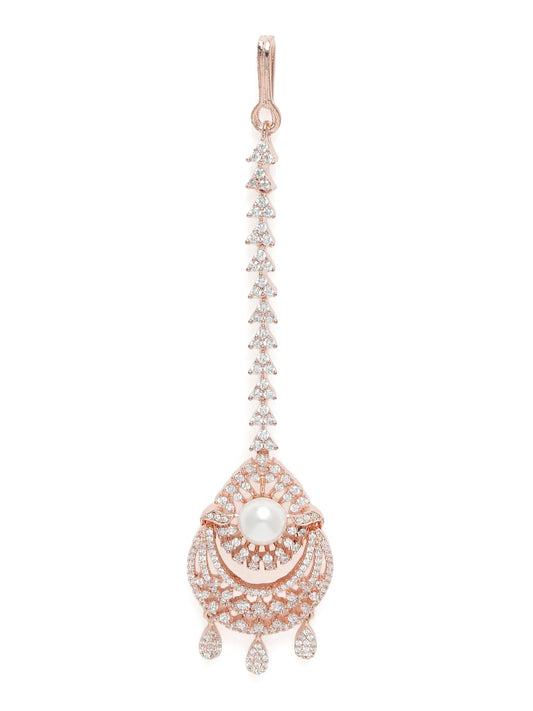 Vintage CZ Pearl Accent Maangtikka - Rose Gold