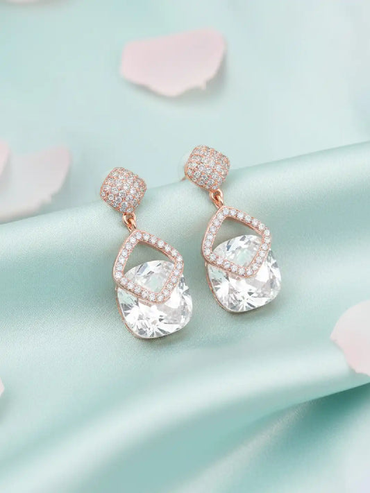 Stylish Rose Gold CZ Crystal Square Earrings