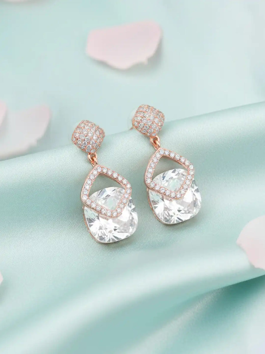 Stylish Rose Gold CZ Crystal Square Earrings