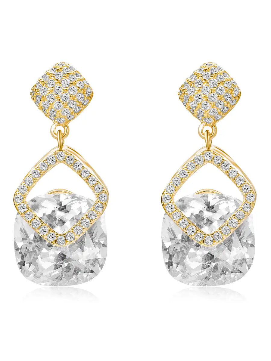 Stylish Gold-Plated CZ Crystal Square Earrings