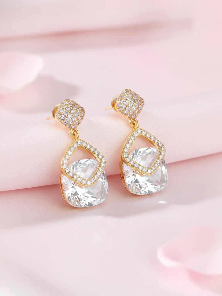 Stylish Gold-Plated CZ Crystal Square Earrings