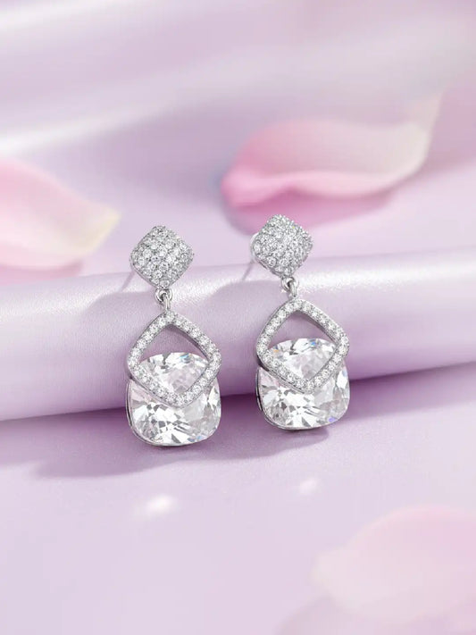 Stylish Silver CZ Crystal Square Earrings