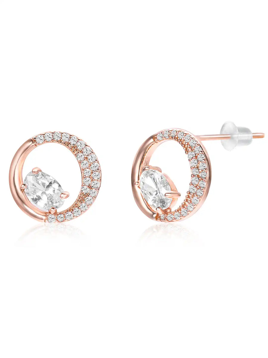 Graceful Rose Gold CZ Crescent Circle Studs