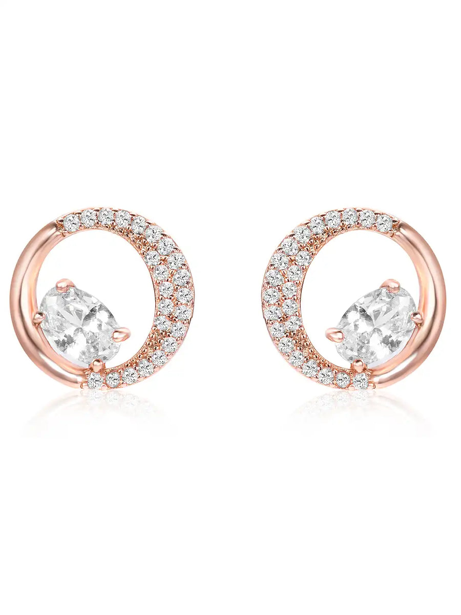Graceful Rose Gold CZ Crescent Circle Studs