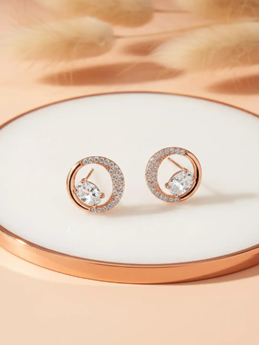 Graceful Rose Gold CZ Crescent Circle Studs