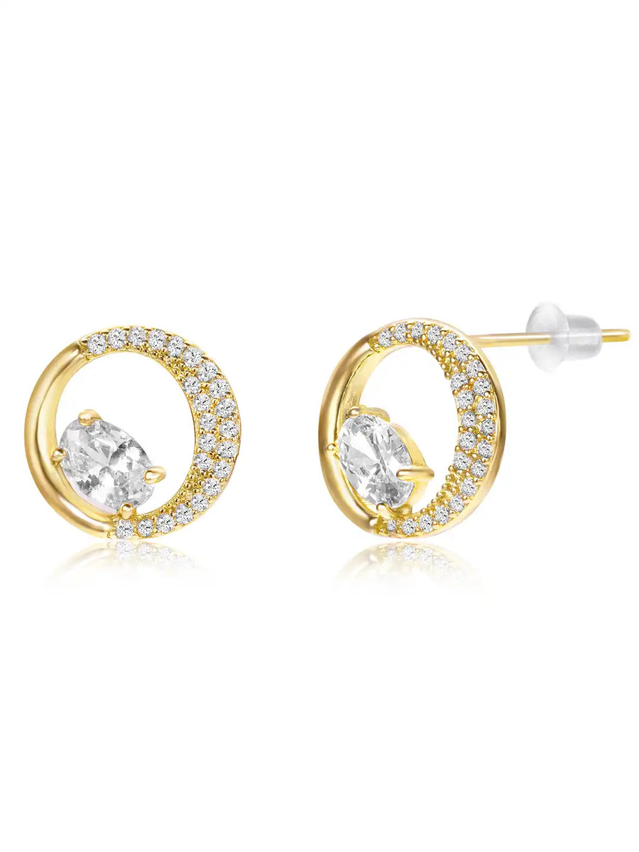 Graceful Gold CZ Crescent Circle Studs