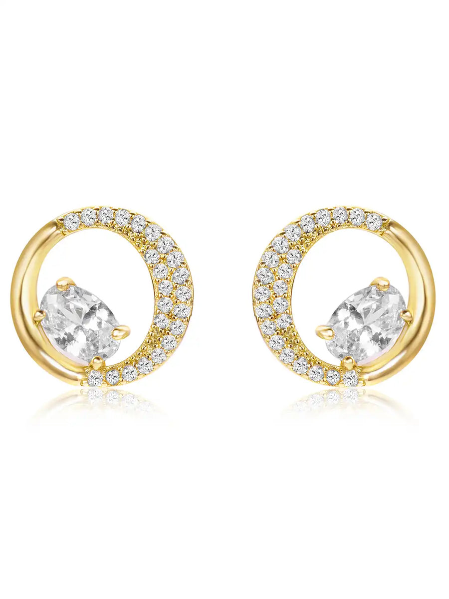 Graceful Gold CZ Crescent Circle Studs