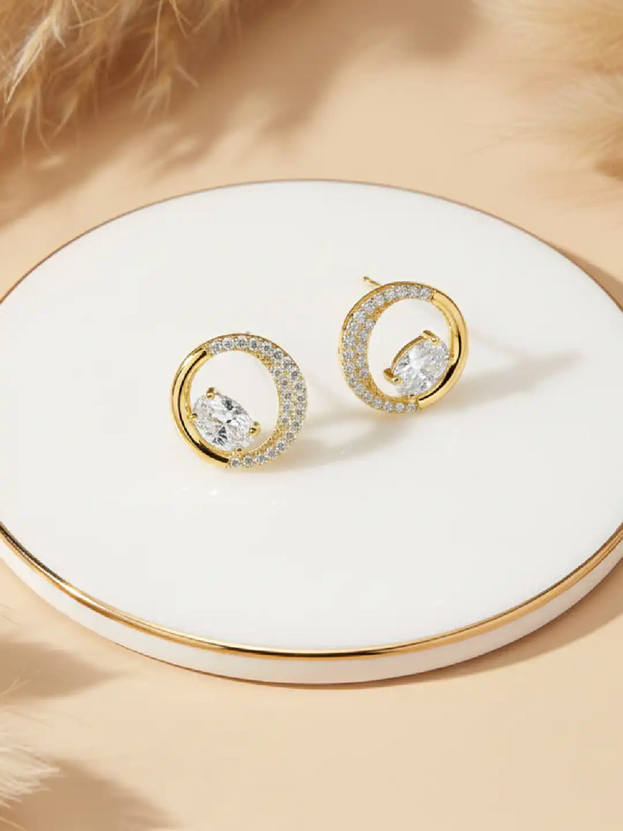 Graceful Gold CZ Crescent Circle Studs